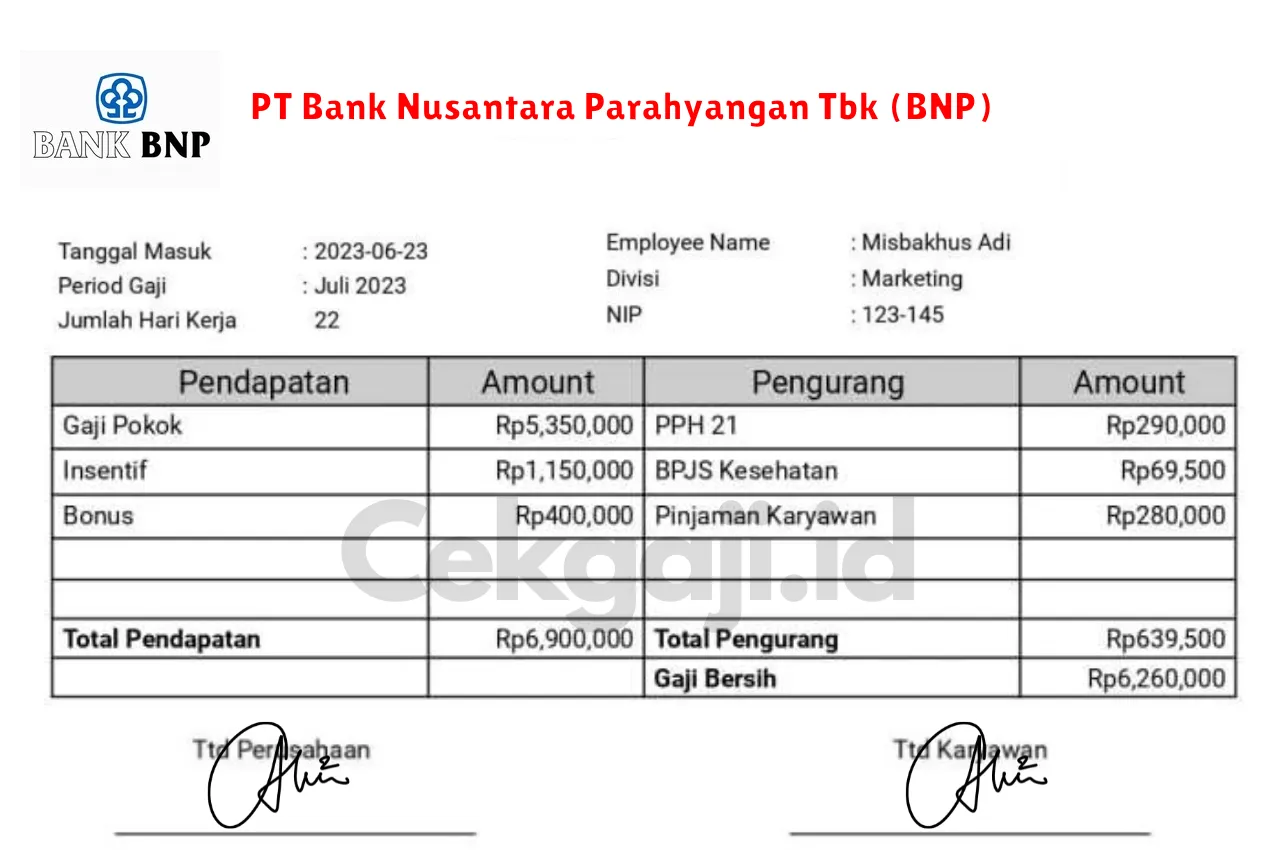 Slip Gaji PT Bank Nusantara Parahyangan Tbk (BNP)