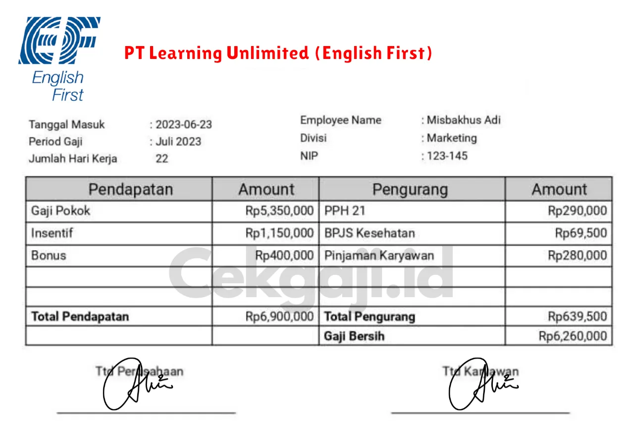 Slip Gaji PT Learning Unlimited (English First)