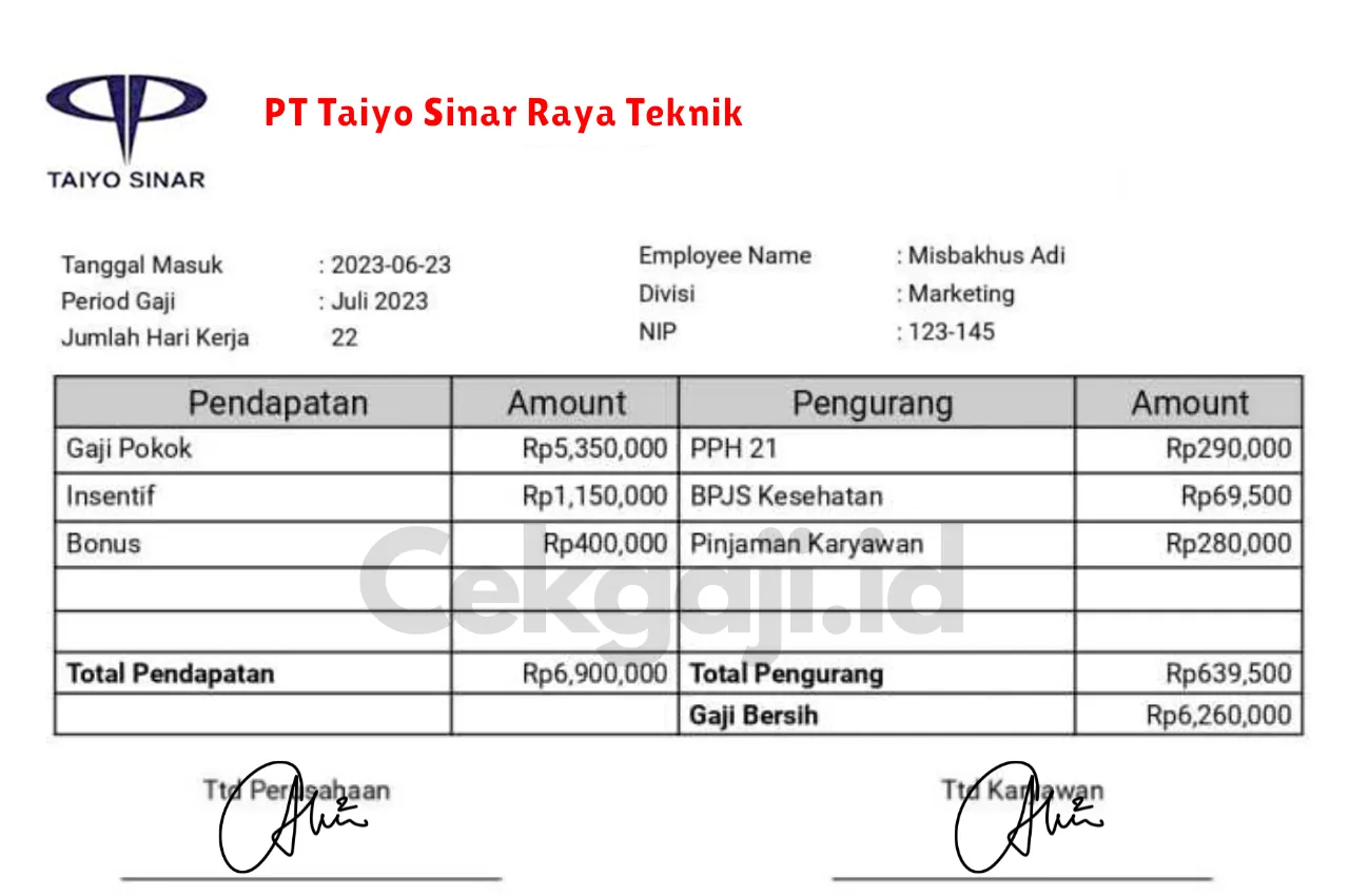 Slip Gaji PT Taiyo Sinar Raya Teknik